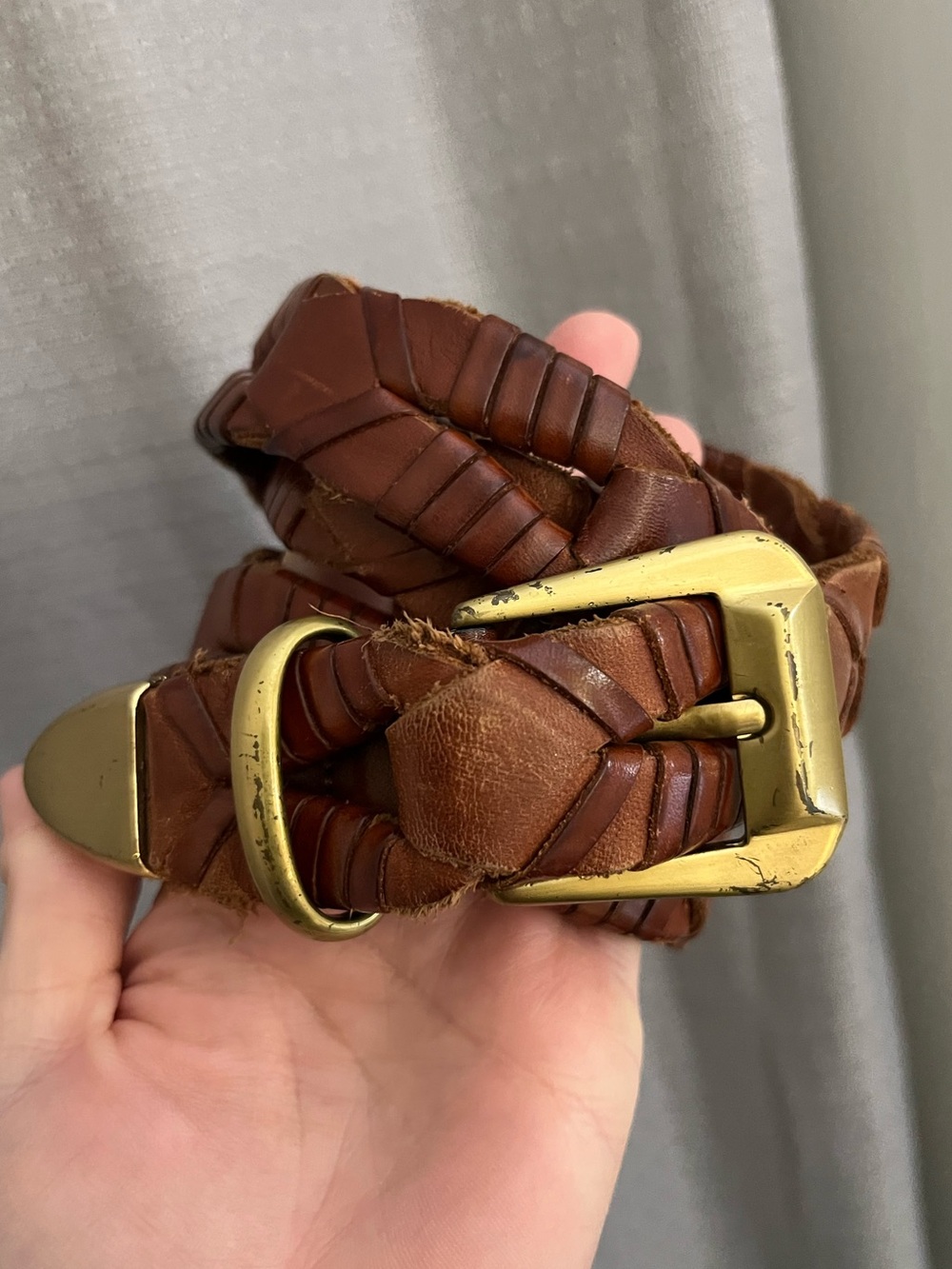 Vintage Men’s Woven Brown Leather Belt with Brass Buckle 38 Cale